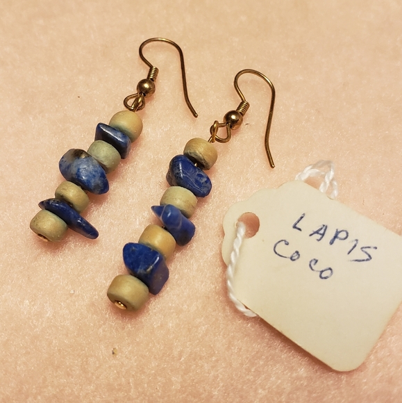 Lapis Chips and Coco Beaded Earrings with Gold Posts - Picture 2 of 3